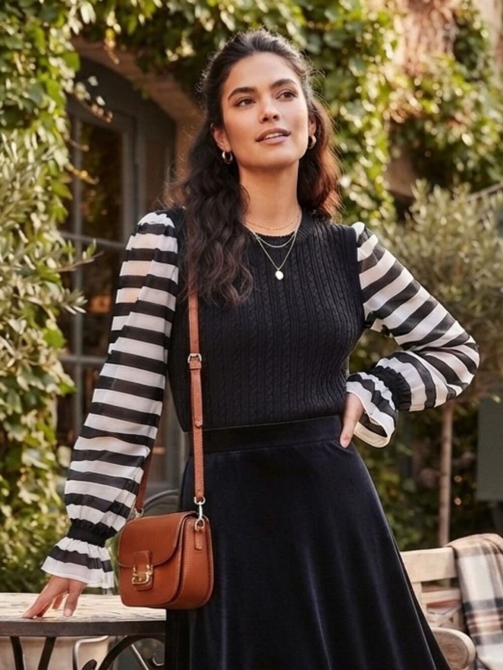 Maeve by Anthropologie Black Cable Knit Sweater Sheer Stripe Sleeve Size M